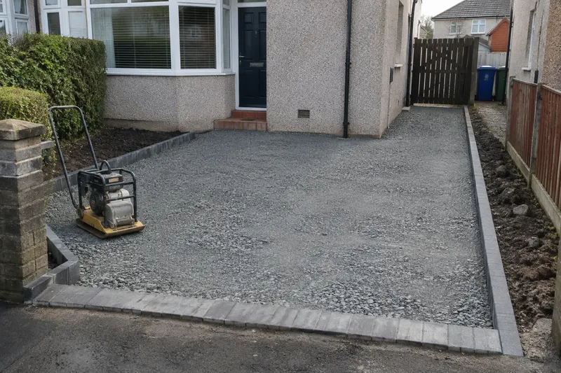 Compacted driveway sub-base between edge restraints beside a Scottish home