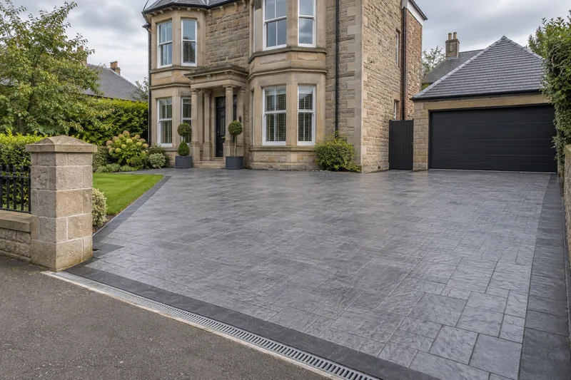 Slate-pattern imprinted concrete driveway outside a Scottish stone house