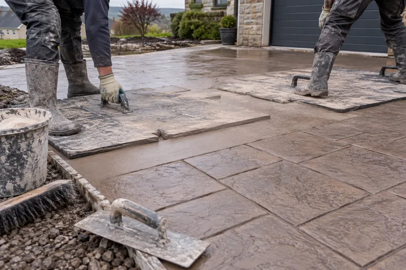 Illustration of a concrete driveway surface being textured with imprint mats