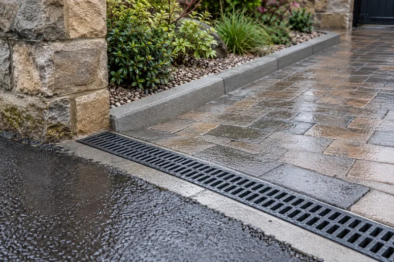 Linear driveway drainage channel between paving and tarmac at a stone entrance