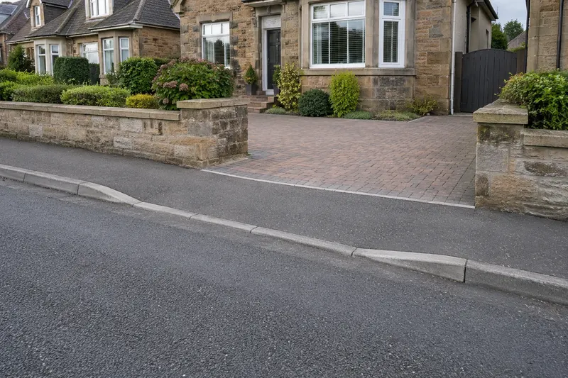 Lowered kerb crossing between a road, public pavement and private driveway