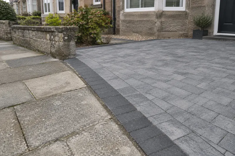Charcoal border defining the join between two driveway paving areas