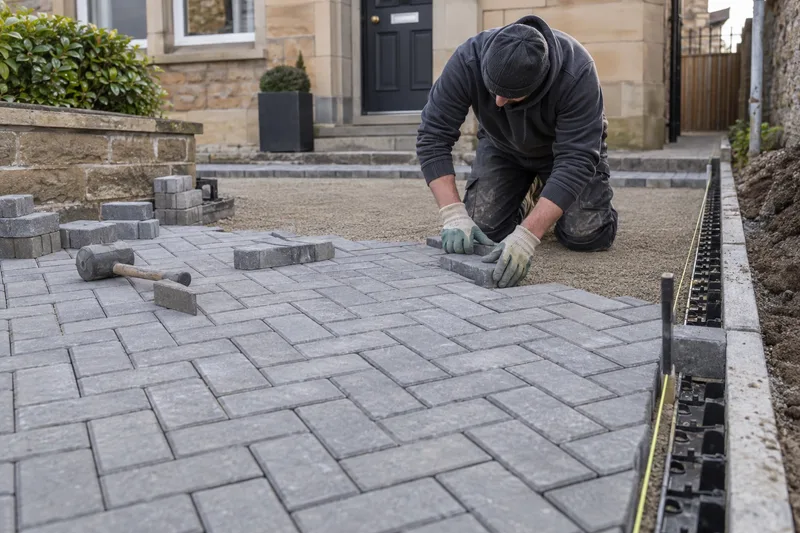 Illustration of monoblock paving being laid on a prepared driveway bed