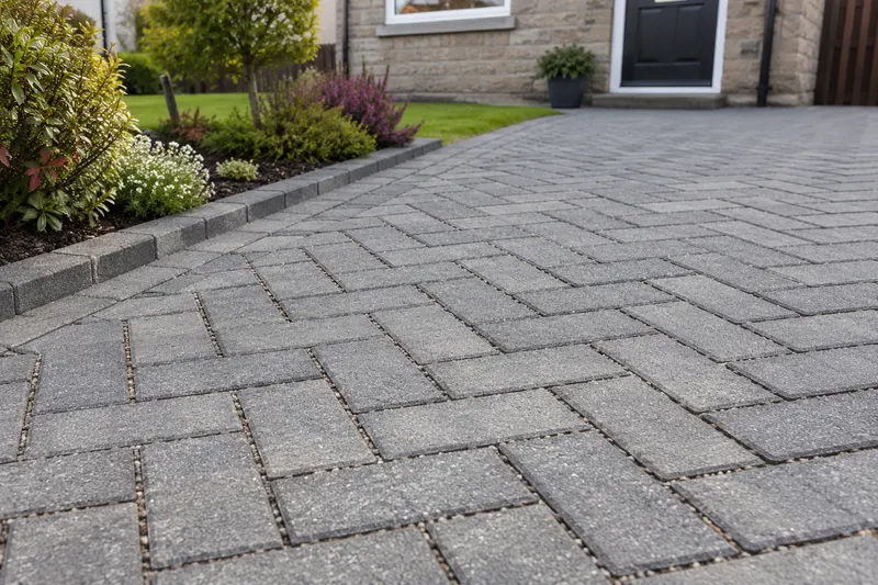 Grey driveway blocks with narrow aggregate-filled joints
