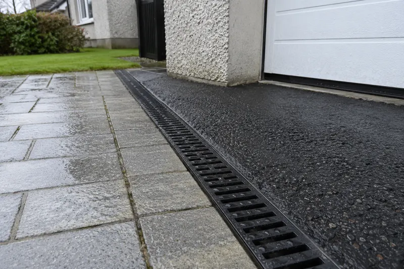 Flush channel drain at the junction of paving and tarmac