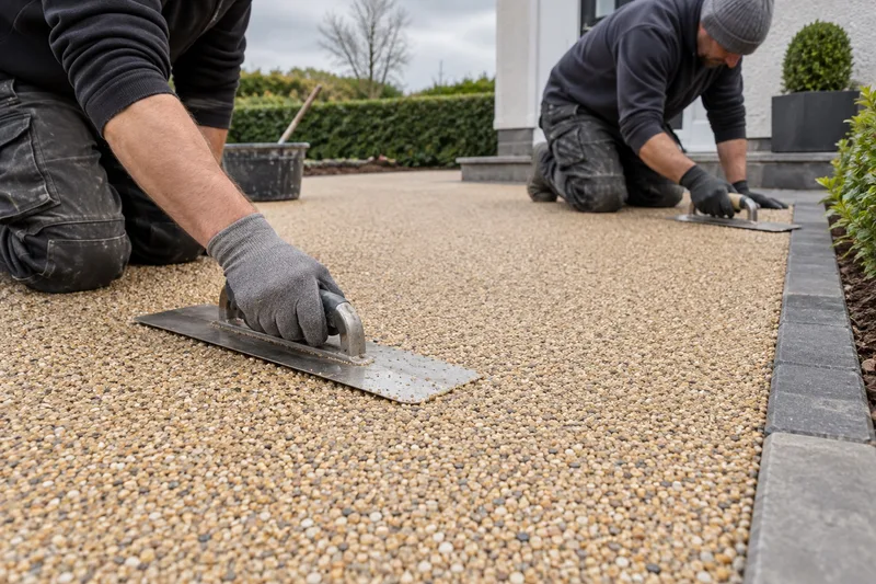 Illustration of resin aggregate being spread and trowelled on a driveway