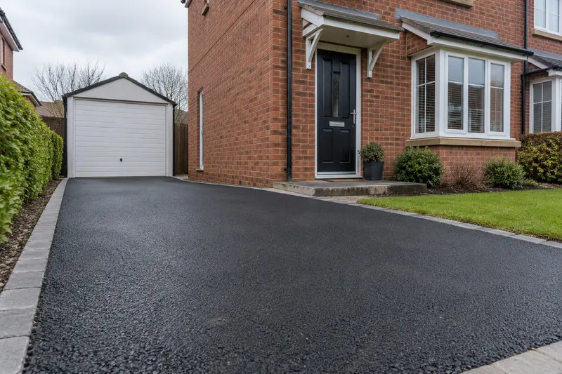 Fresh tarmac driveway with defined edges beside a small garage