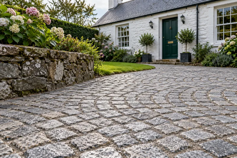 Natural granite setts laid in a fan pattern at a whitewashed Scottish cottage