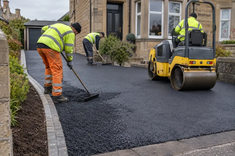 Illustration of tarmac being raked and rolled at a Scottish property